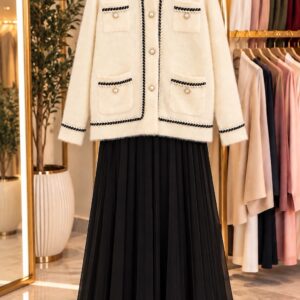 Veste & Jupe Plissée  – Blanc / M, L, XL ,XXL