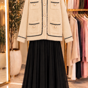 Veste & Jupe Plissée -beige, crème,(M/L/XL/XL)